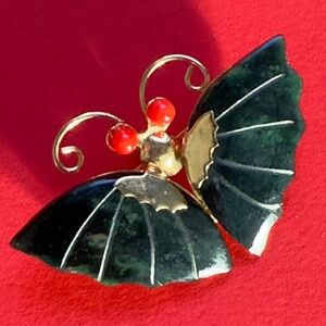 Butterfly Brooch or Pin Jade Coral Polished Golden Eclectic Casual